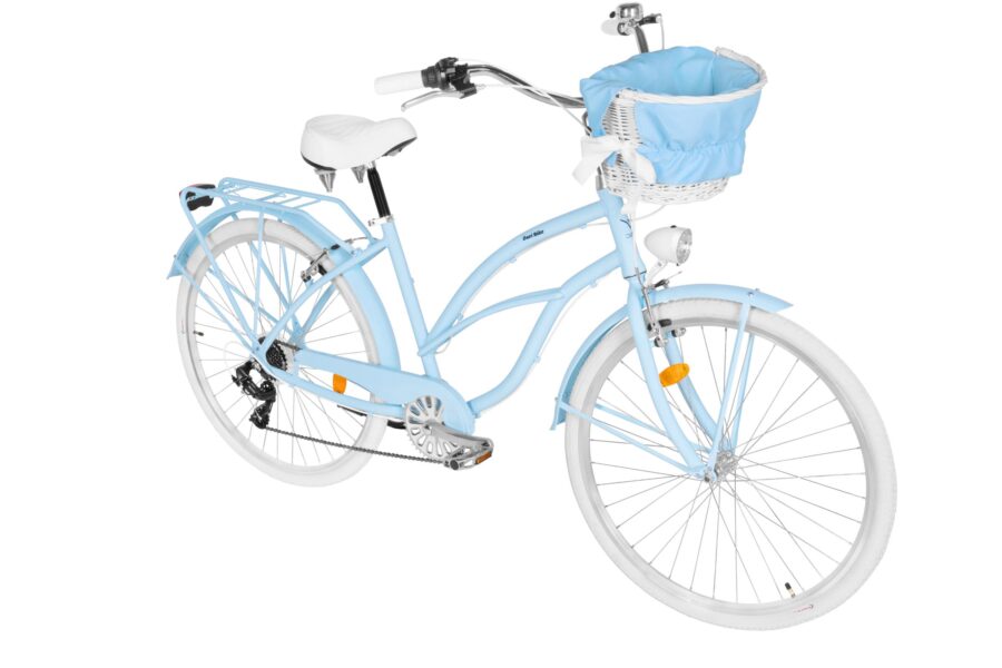 Bicicletă albastră cu coș și cadru elegant