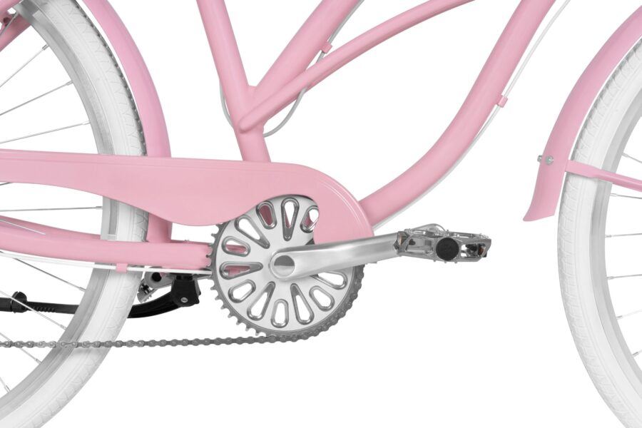 Bicicletă roz cu pedale metalice.