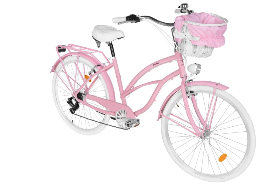 Bicicletă roz cu coș, design elegant și modern.
