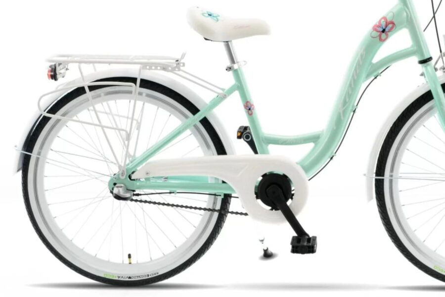 Bicicletă verde mint cu detalii florale