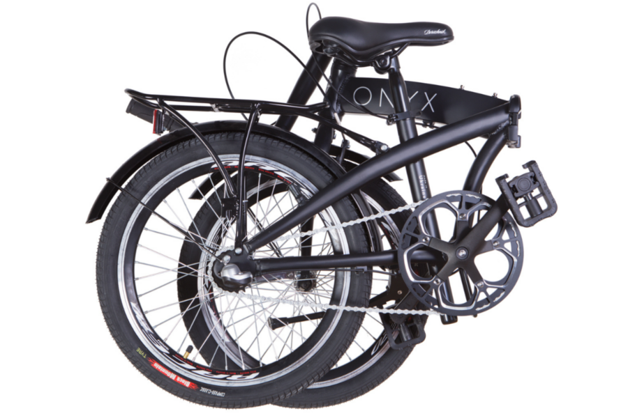 Bicicletă pliabilă neagră, ideală pentru transport ușor.