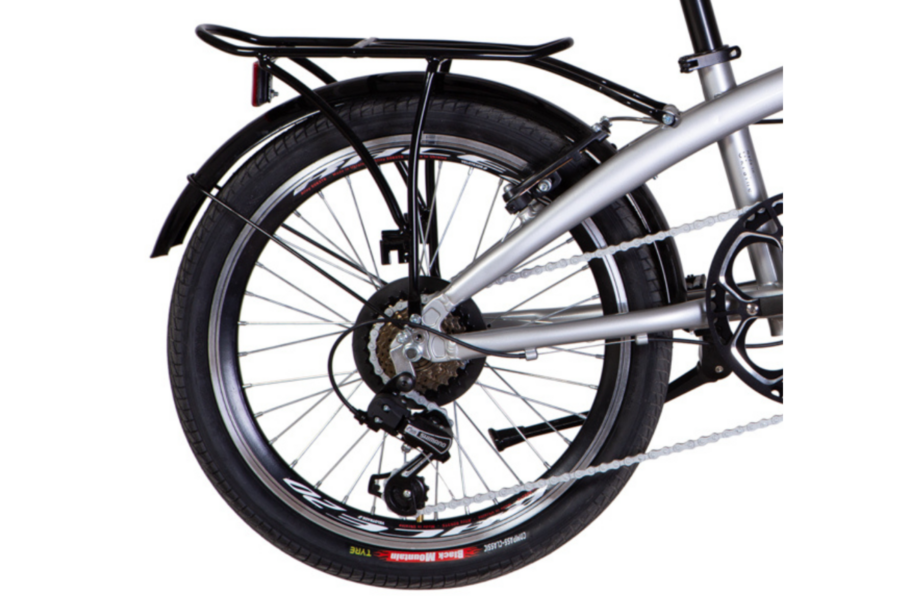 Roată spate bicicletă cu suport bagaje negru argintiu.