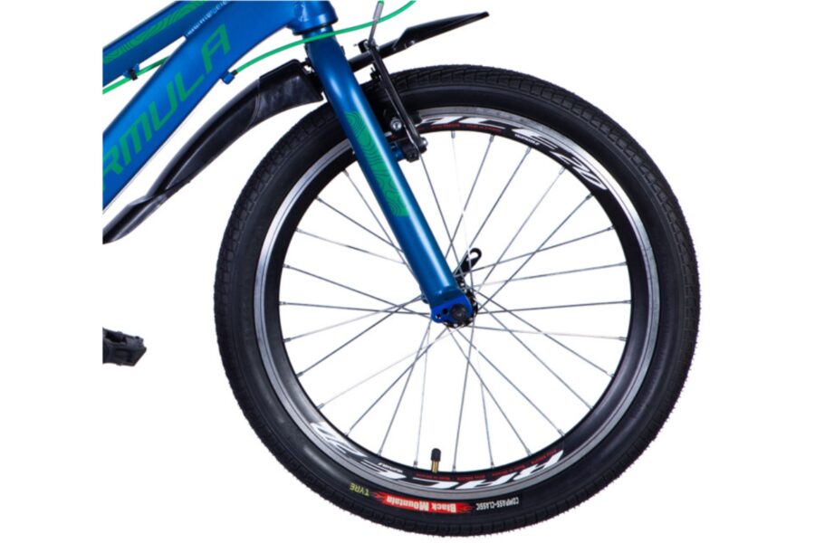 Roată bicicletă albastră, detaliu cadru și furcă