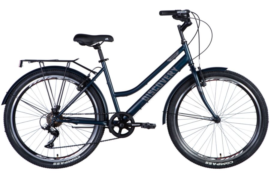 Bicicletă albastră Discovery cu portbagaj din spate.