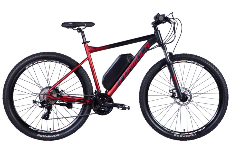 Bicicletă electrică roșie și neagră, mountain bike.