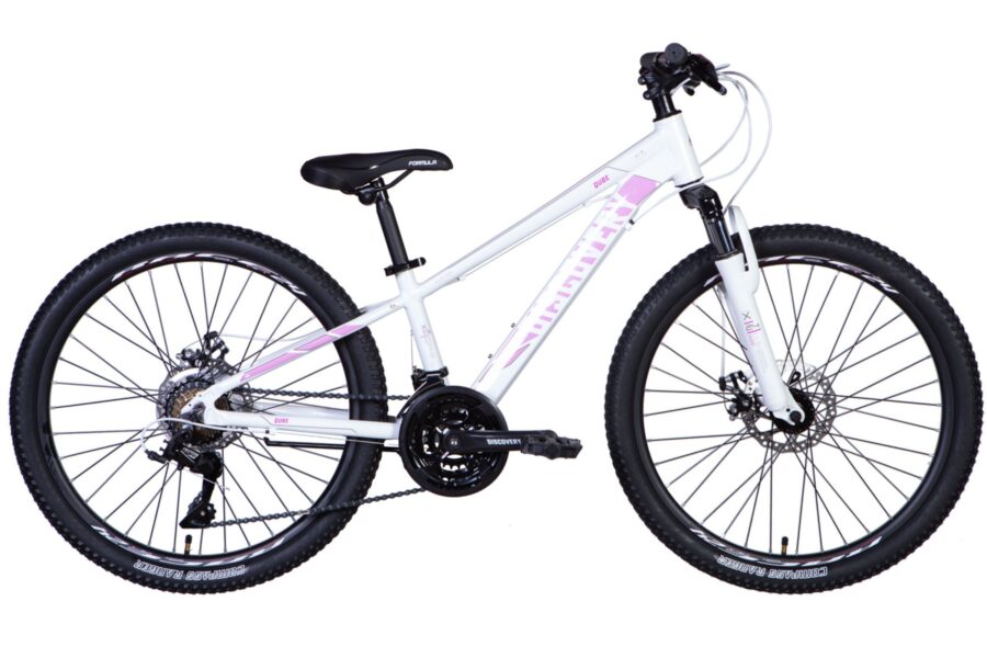 Bicicletă albă cu detalii roz pentru off-road.