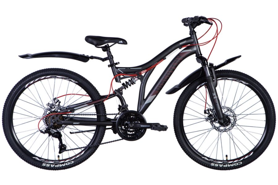 Bicicletă montană cu suspensie și cadru negru.