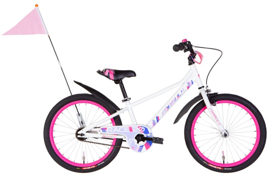 Bicicletă albă cu detalii roz și steguleț