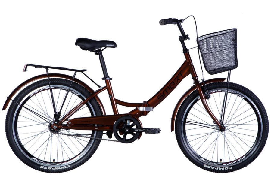 Bicicletă maro cu coș metalic față