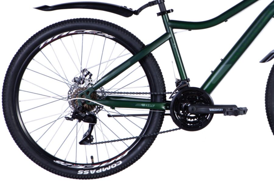 Bicicletă mountain bike verde, detalii ale cadrului.