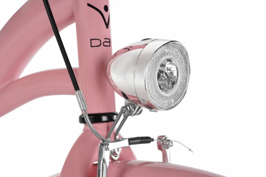 Detaliu bicicletă roz cu far cromat