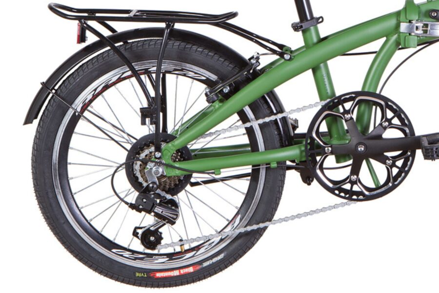 Cadru bicicletă verde cu portbagaj negru.