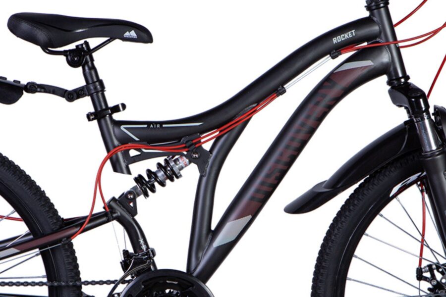 Bicicletă mountain bike cu suspensii și frâne.