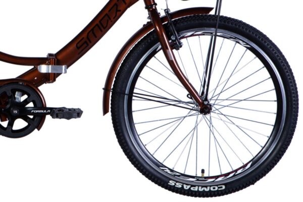 Bicicletă maro cu roată și pedală vizibile.