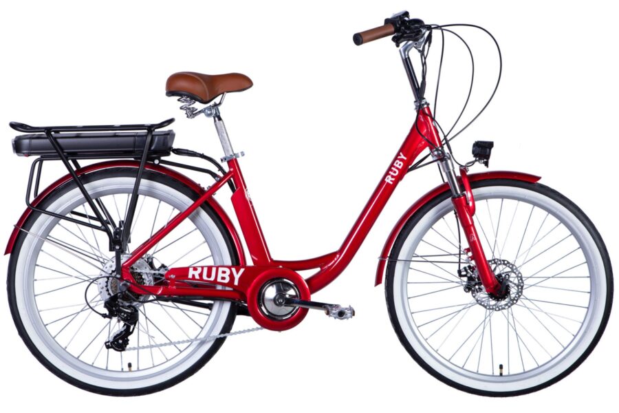 Bicicletă electrică roșie Ruby cu design modern.