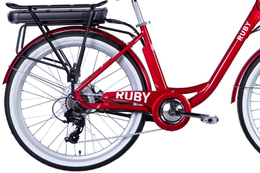 Bicicletă electrică roșie cu portbagaj.