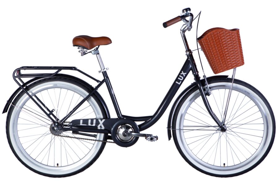 Bicicletă urbană cu coș și design elegant.