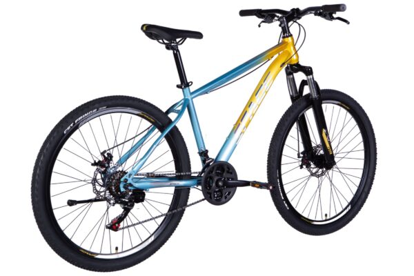 Bicicletă montană albastru-galben pentru teren accidentat.