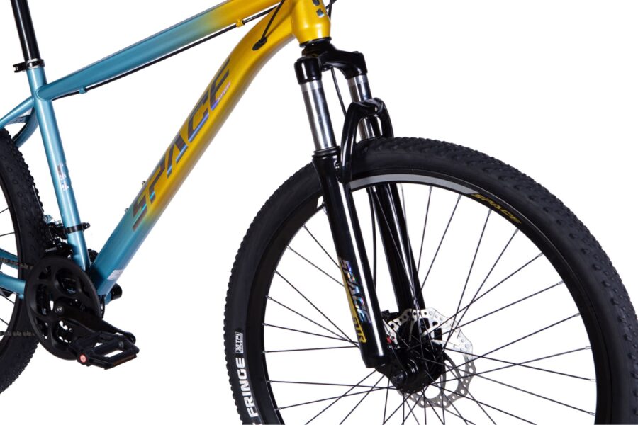 Bicicletă montană cu cadru albastru și galben