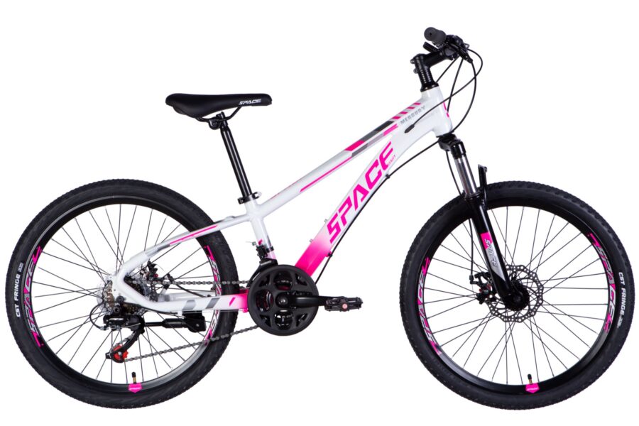 Bicicletă albă și roz, model mountain bike.