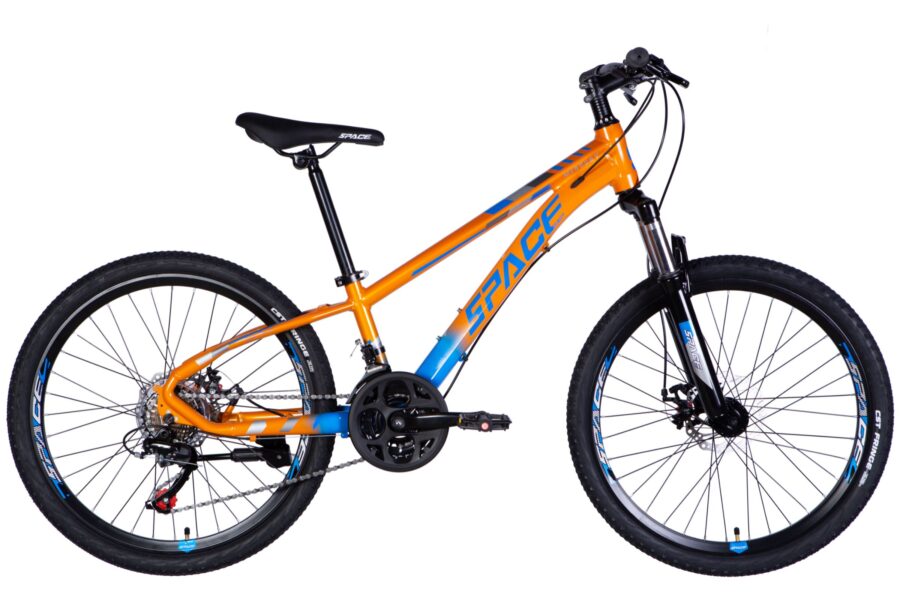 Bicicletă montană portocalie și albastră
