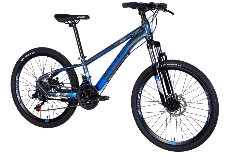 Bicicletă montană albastră cu suspensie față