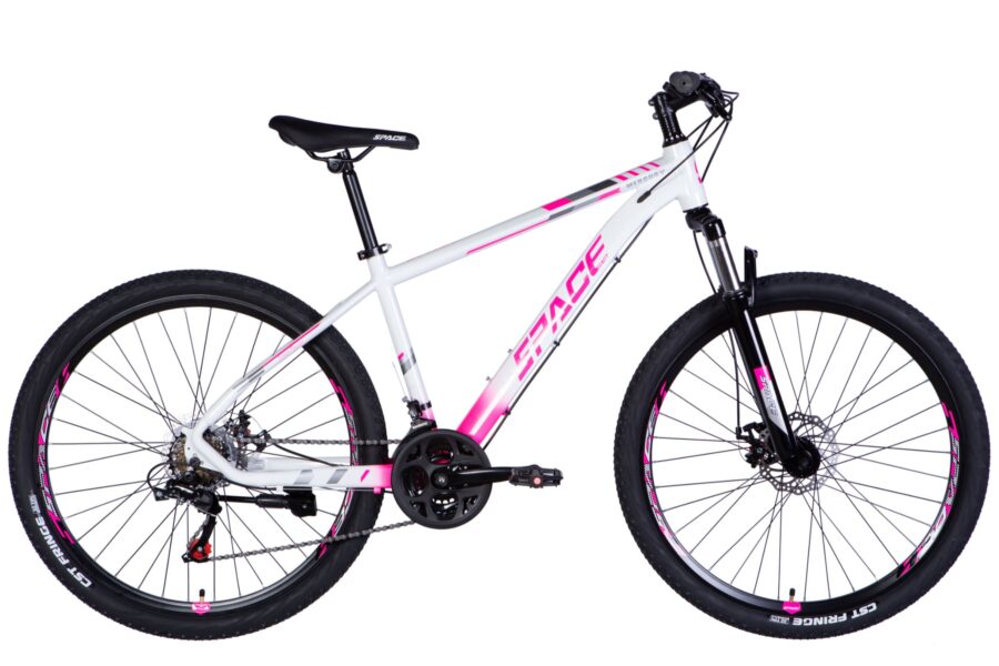 Bicicletă montană albă cu detalii roz