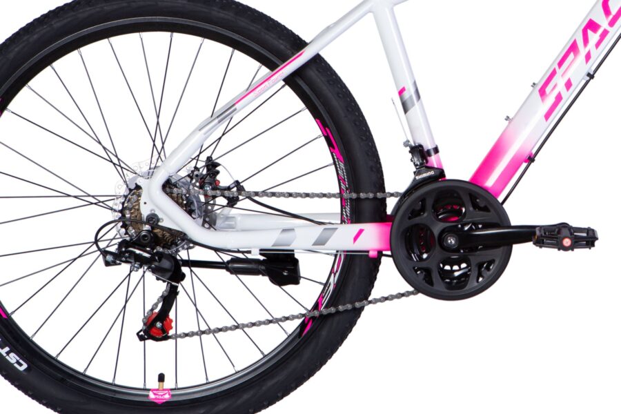 Bicicletă cu detalii colorate și componente de calitate.