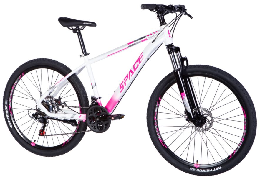 Bicicletă albă și roz pentru ciclism montan.