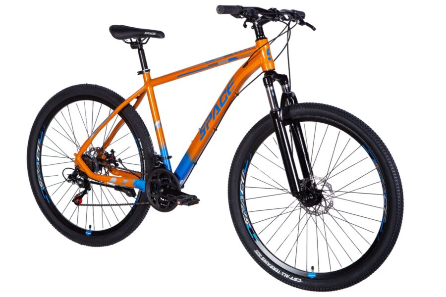 Bicicletă montană portocalie și albastră