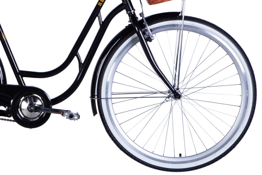 Bicicletă elegantă cu roți albe și cadru negru.