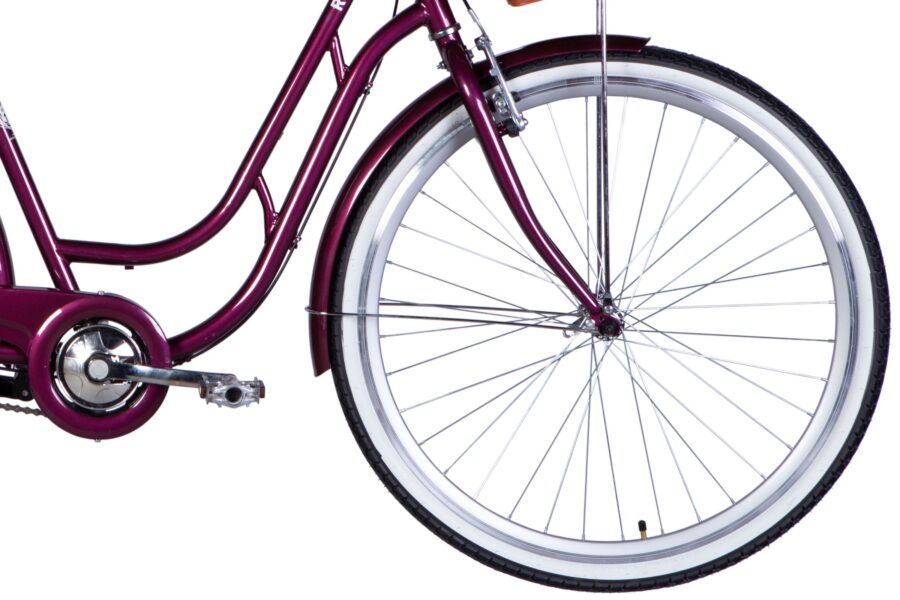 Bicicletă violet cu roți albe.