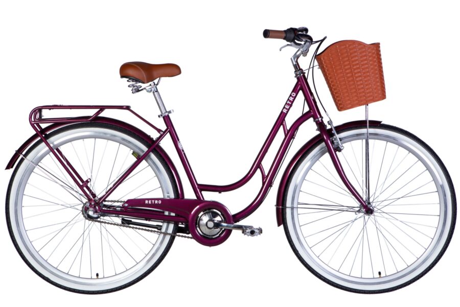 Bicicletă retro cu cadru violet și coș