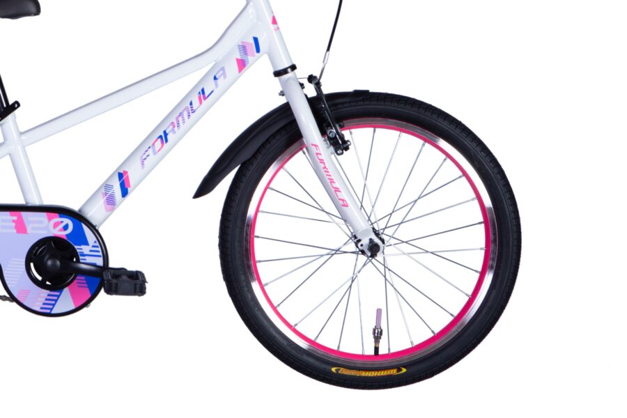 Bicicletă albă cu roți roz și sistem de transmisie.