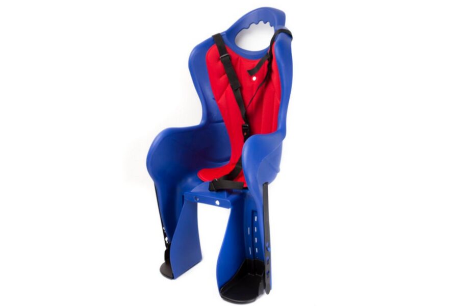 Scaun de bicicletă pentru copii, albastru și roșu.