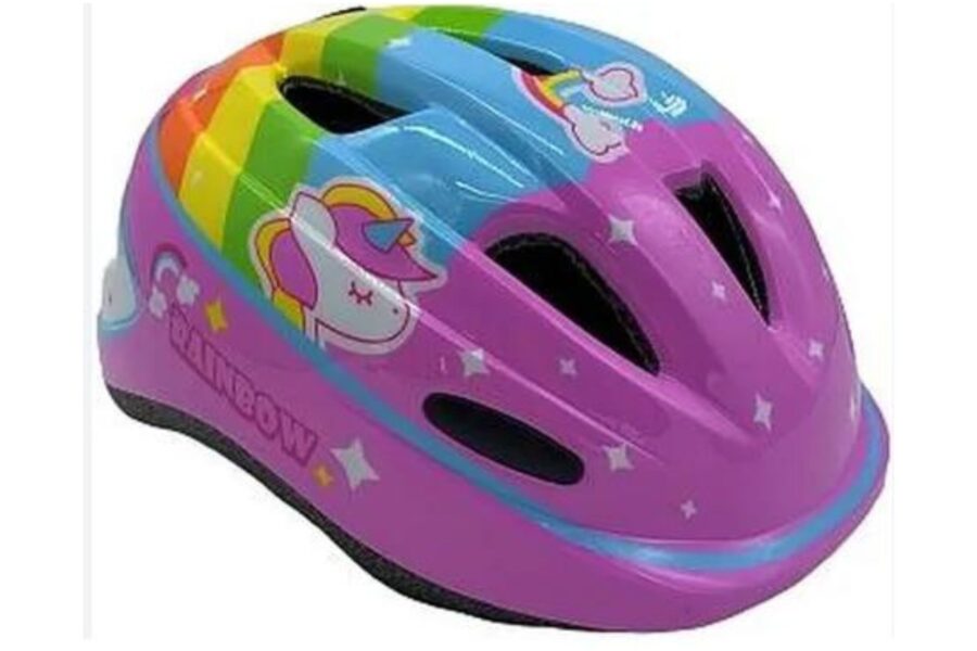 Cască de protecție roz cu unicorn și curcubeu