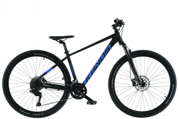 Bicicletă mountain bike neagră cu detalii albastre.