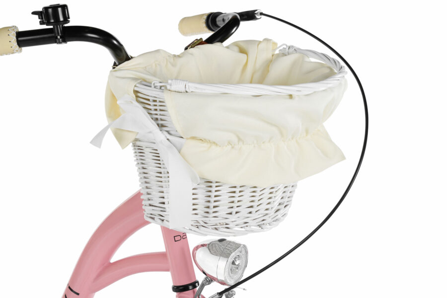 Coș de bicicletă alb cu material bej.