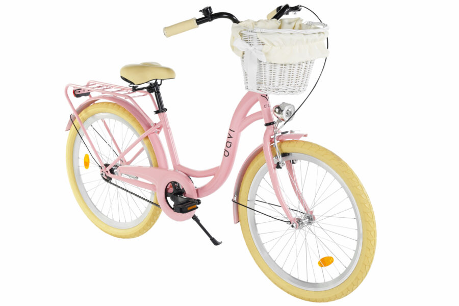 Bicicletă roz cu coș alb și roți de cauciuc