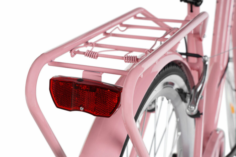 Spate bicicletă roz cu lumini roșii.