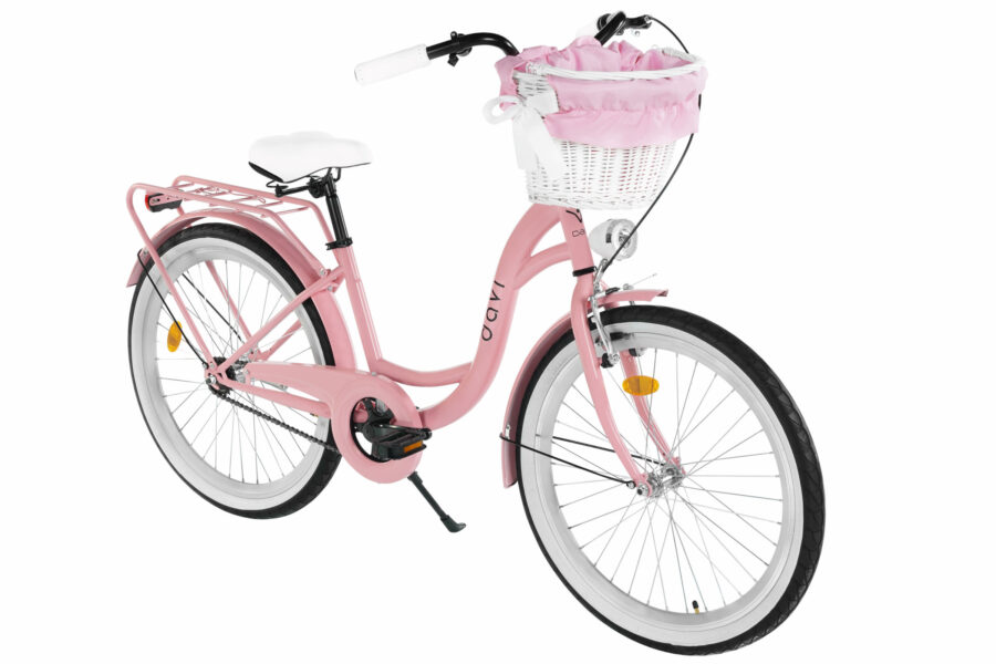 Bicicletă roz cu coș alb pentru copii.