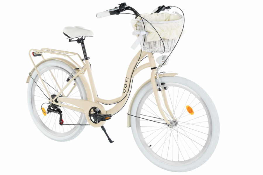 Bicicletă elegantă cu coș alb și roți albe