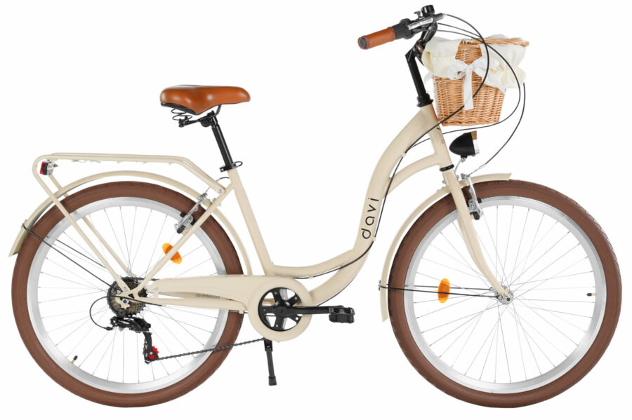 Bicicletă cu coș, model elegant, culoare crem.