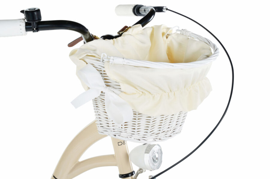 Coș de bicicletă elegant, cu detaliu alb.