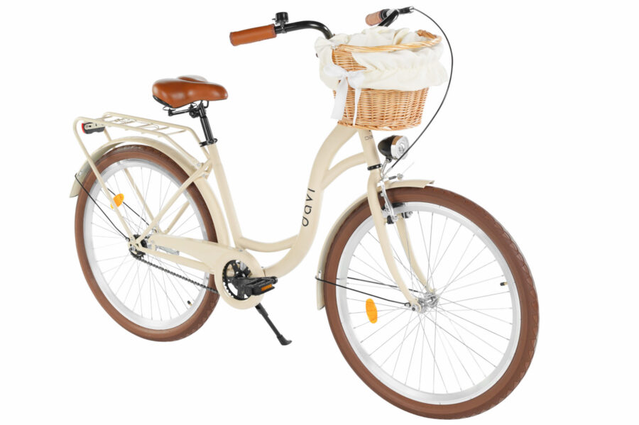 bicicletă cu coș, design elegant, culoare crem
