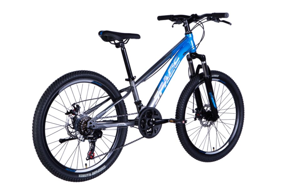 Bicicletă mountain bike cu cadru gri și albastru.