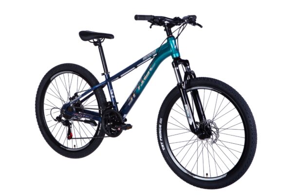 Bicicletă montană albastră cu furcă de suspensie