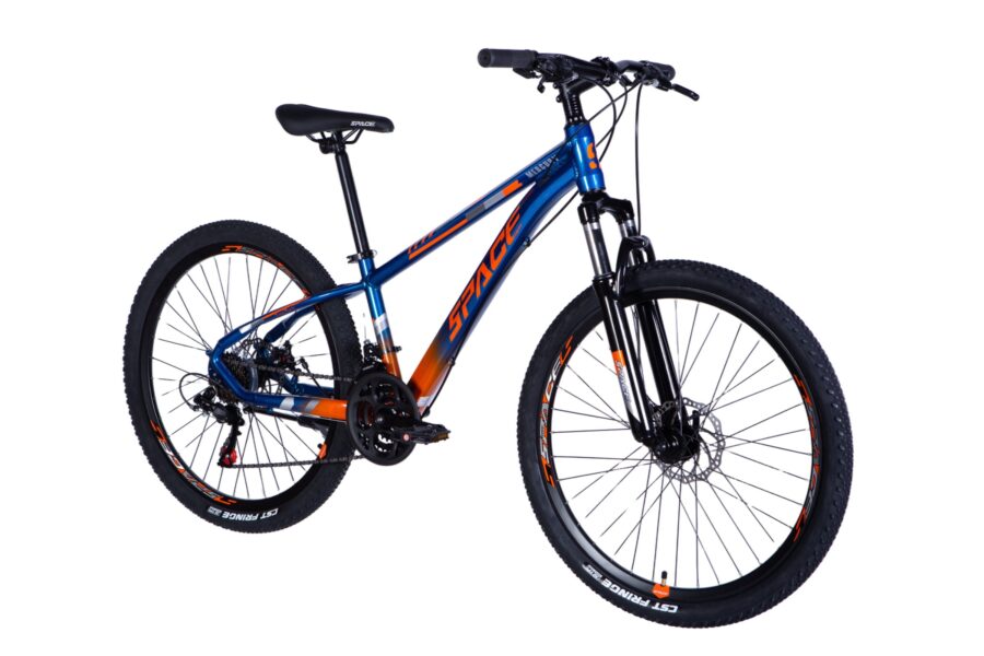 Bicicletă modernă de munte, culoare albastră și portocalie