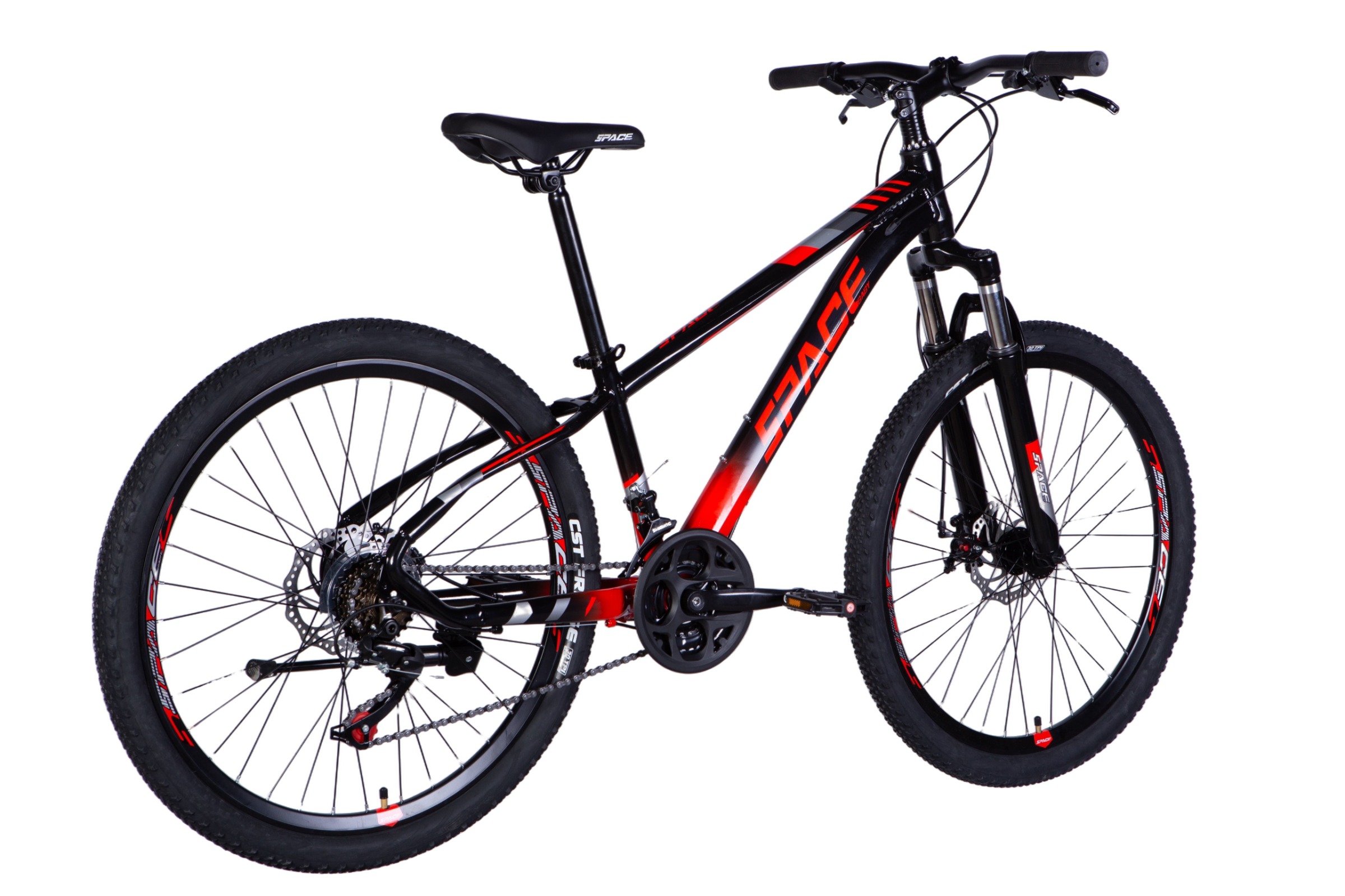 Bicicletă mountain bike neagră și roșie, unisex