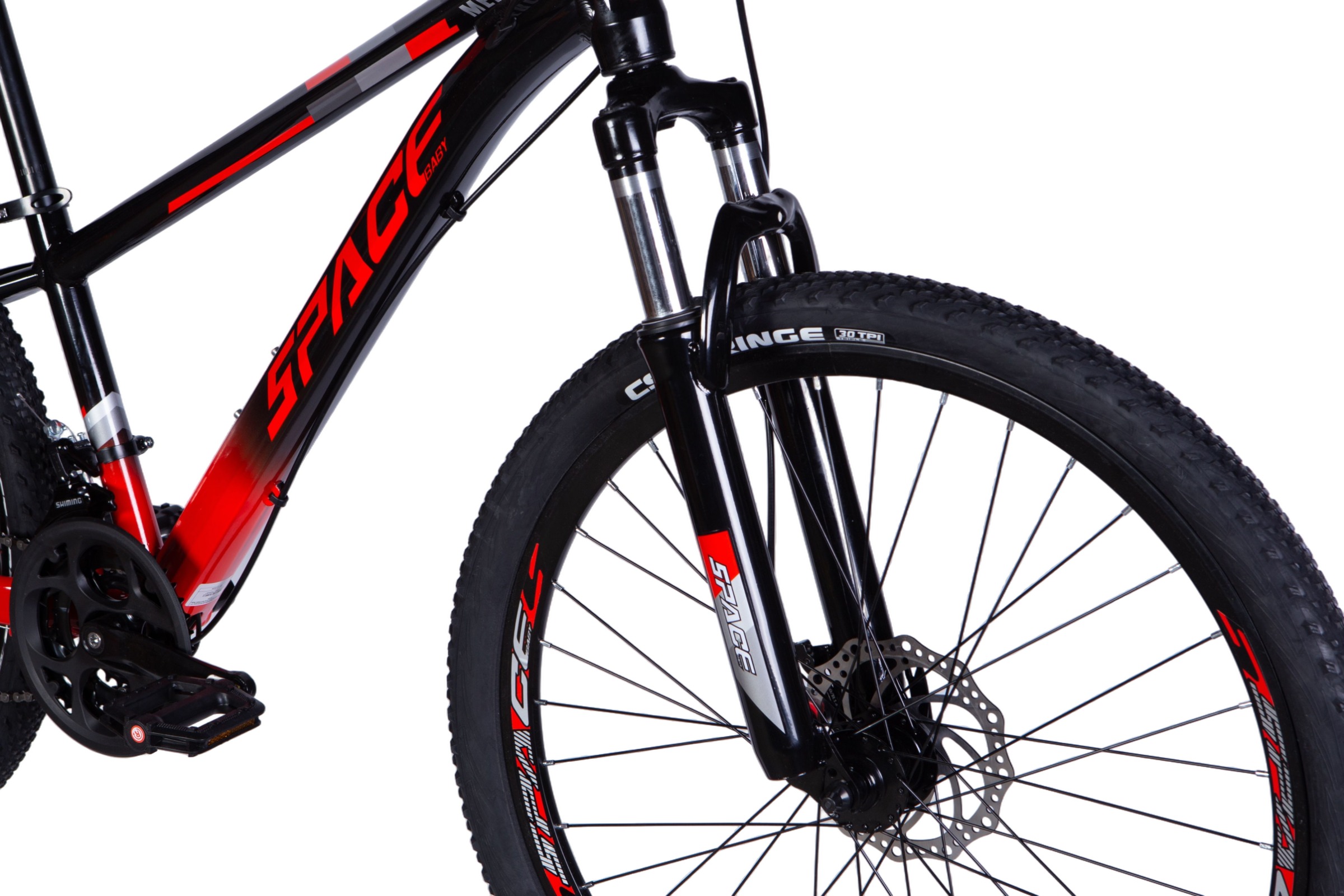 Bicicletă montană, cadru negru cu roșu, arcuri față